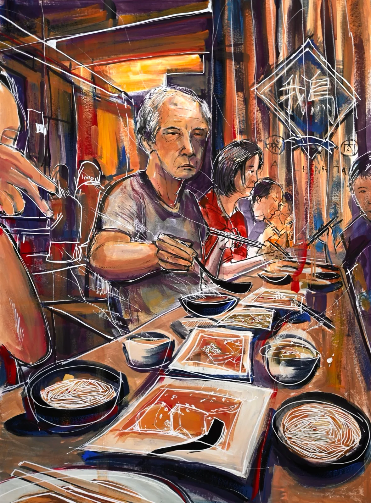 Diners seated along a narrow restaurant counter with bowls and plates in the foreground