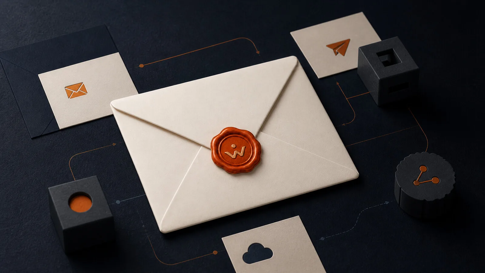 A cream envelope with an orange wax seal connected to modular mail-routing elements on a dark surface